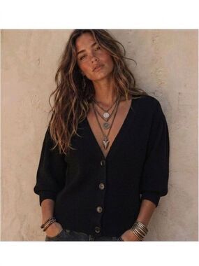 Philosophy Black Cropped V-Neck Button Cardigan Puff Sleeves Cottagecore Large